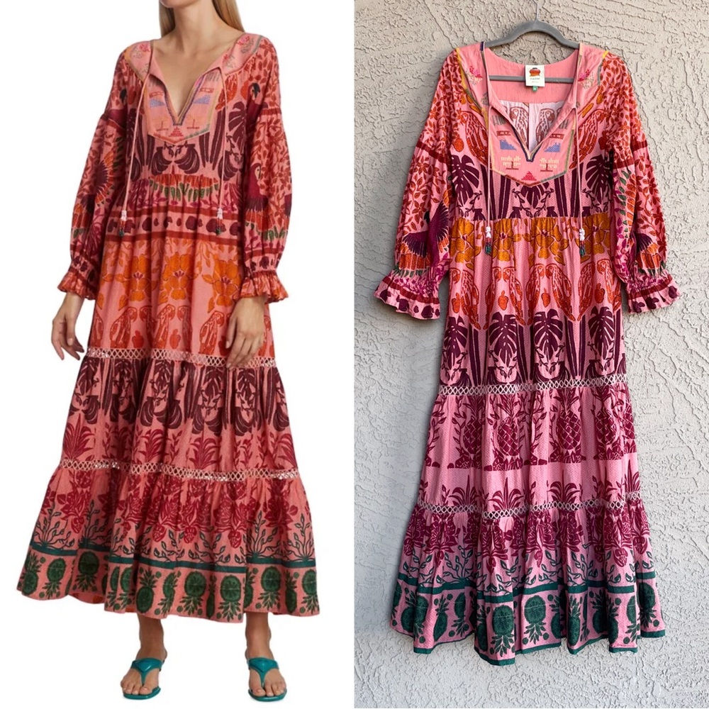 FARM RIO Pink Orange Boho Tropical Floral Palm Macaws Embroidered Maxi Dress XS